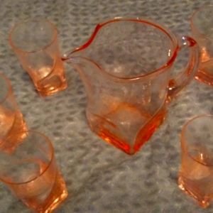 Tiffany& Co. Pink Depression Squared bottom Pitcher w 6 squared bottom glasses.